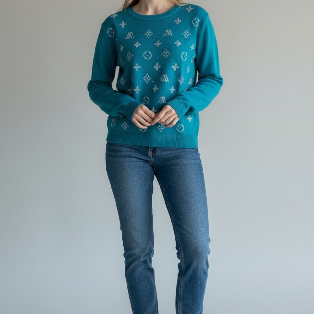 Designer Teal and Silver Patterned Knit Sweater